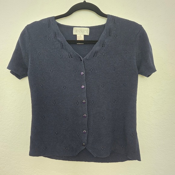 Womens Knit Top Short Sleeve Square Neck Ribbed Casual Basic Navy Blue - Picture 1 of 4